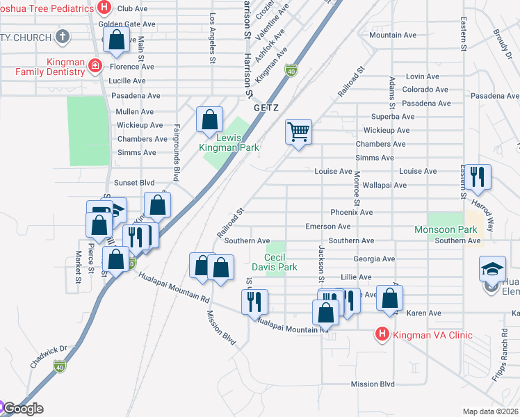 map of restaurants, bars, coffee shops, grocery stores, and more near 2313 Phoenix Avenue in Kingman