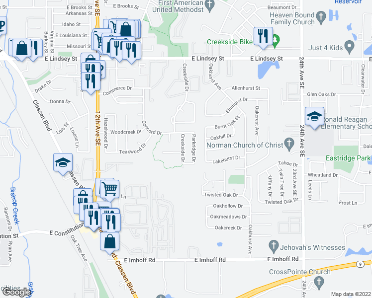 map of restaurants, bars, coffee shops, grocery stores, and more near 1829 Creekside Drive in Norman