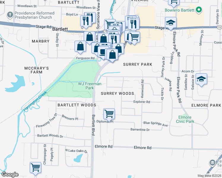 map of restaurants, bars, coffee shops, grocery stores, and more near 5905 Hickory Grove Lane in Bartlett