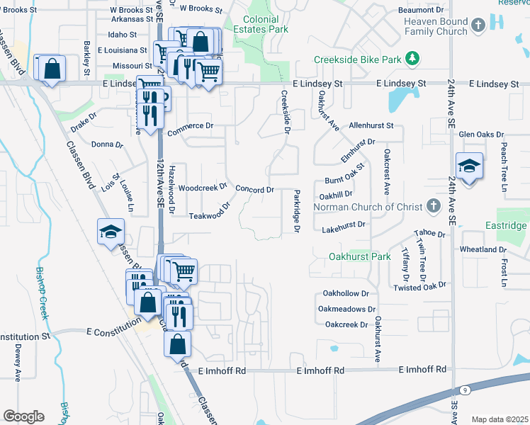 map of restaurants, bars, coffee shops, grocery stores, and more near 1621 Creekside Lane in Norman
