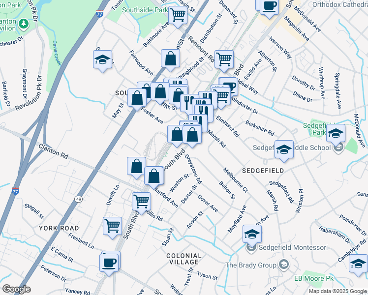 map of restaurants, bars, coffee shops, grocery stores, and more near 3040 South Boulevard in Charlotte