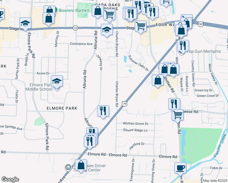 map of restaurants, bars, coffee shops, grocery stores, and more near 2635 Charles Bryan Road in Memphis
