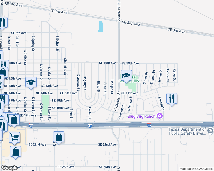 map of restaurants, bars, coffee shops, grocery stores, and more near 1037 Pryor Street in Amarillo