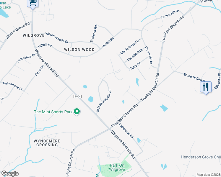 map of restaurants, bars, coffee shops, grocery stores, and more near 8510 Olde Stonegate Lane in Mint Hill