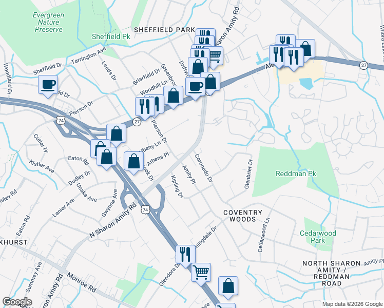 map of restaurants, bars, coffee shops, grocery stores, and more near 4600 Coronado Drive in Charlotte