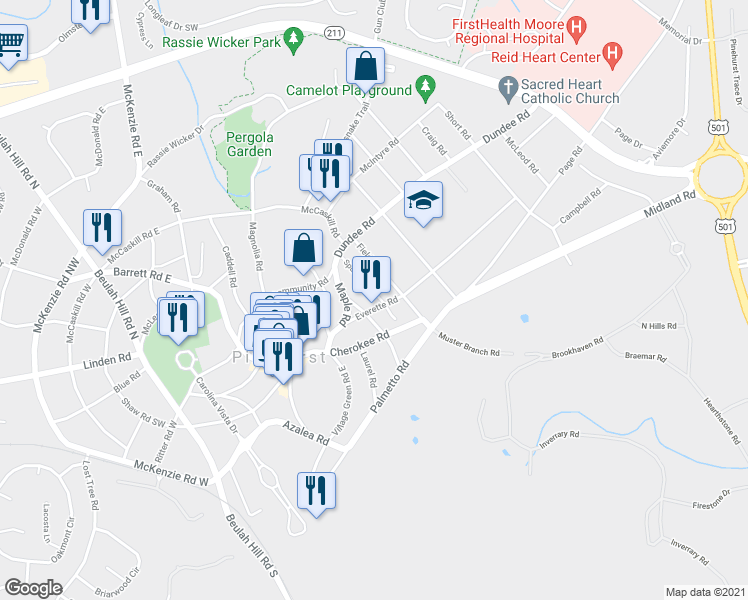map of restaurants, bars, coffee shops, grocery stores, and more near 45 Everette Road in Pinehurst