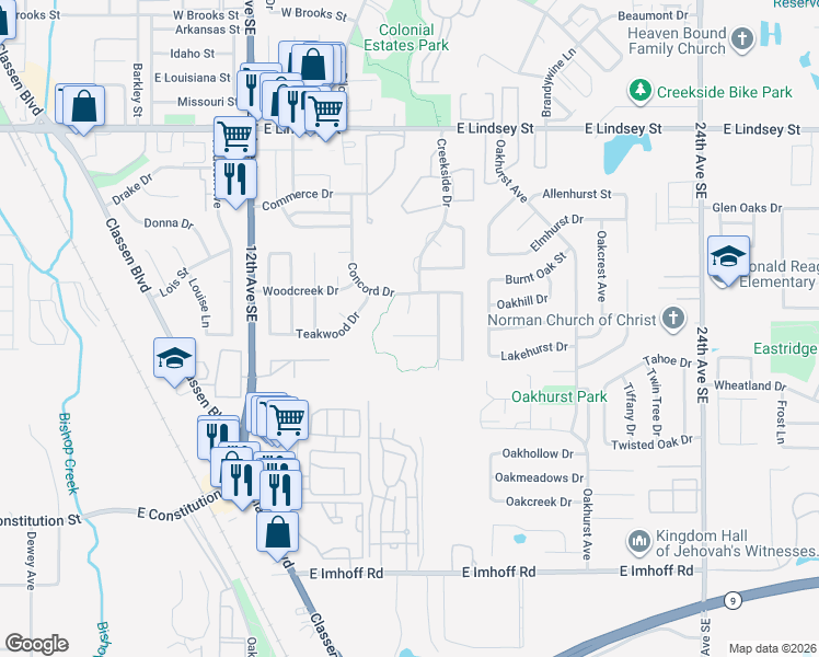 map of restaurants, bars, coffee shops, grocery stores, and more near 1617 Creekside Lane in Norman