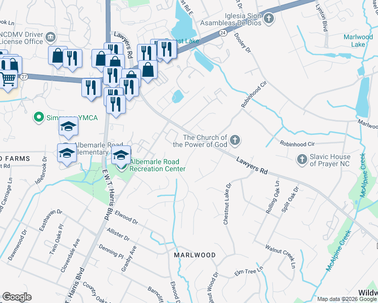 map of restaurants, bars, coffee shops, grocery stores, and more near 5324 Donnefield Drive in Charlotte