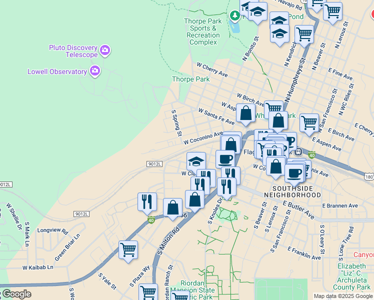 map of restaurants, bars, coffee shops, grocery stores, and more near 511 West Lower Coconino Avenue in Flagstaff