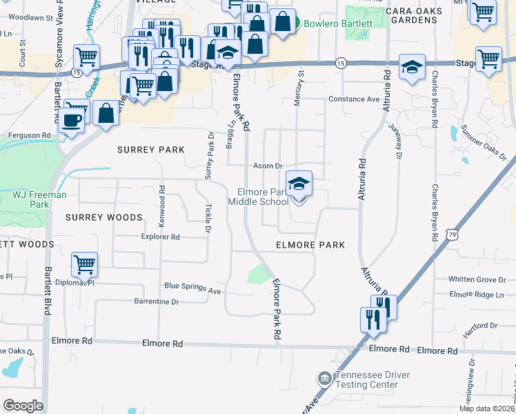 map of restaurants, bars, coffee shops, grocery stores, and more near 2635 Satellite Street in Bartlett