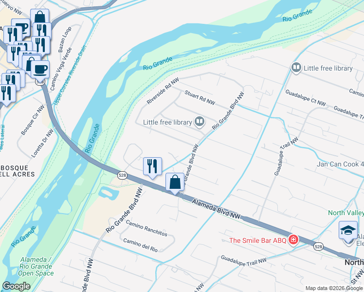 map of restaurants, bars, coffee shops, grocery stores, and more near 1116 Western Meadows Road Northwest in Albuquerque