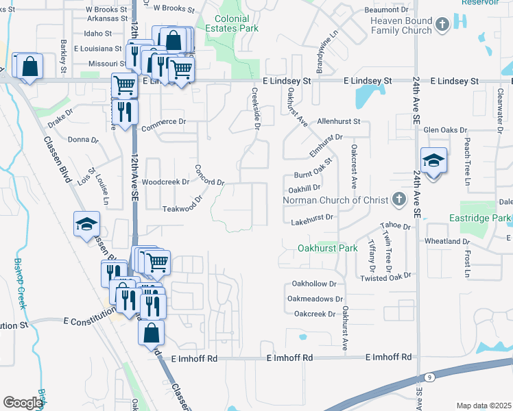 map of restaurants, bars, coffee shops, grocery stores, and more near 1829 Creekside Drive in Norman