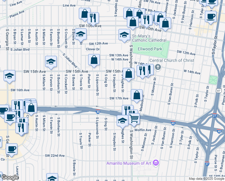 map of restaurants, bars, coffee shops, grocery stores, and more near 1614 South Hayden Street in Amarillo