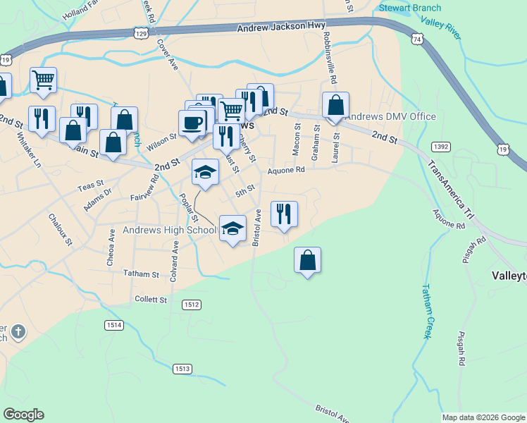 map of restaurants, bars, coffee shops, grocery stores, and more near 45-71 Boyd Street in Andrews