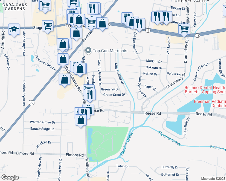map of restaurants, bars, coffee shops, grocery stores, and more near 6935 Green Ivy Drive in Memphis
