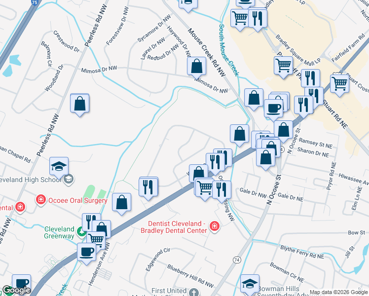 map of restaurants, bars, coffee shops, grocery stores, and more near 3808 Woodbine Circle Nortwest in Cleveland
