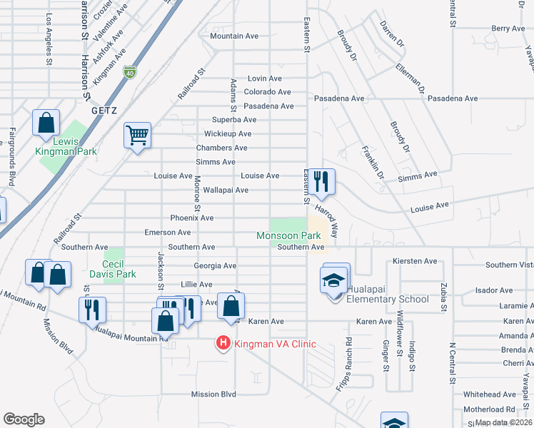 map of restaurants, bars, coffee shops, grocery stores, and more near 2747 Phoenix Avenue in Kingman