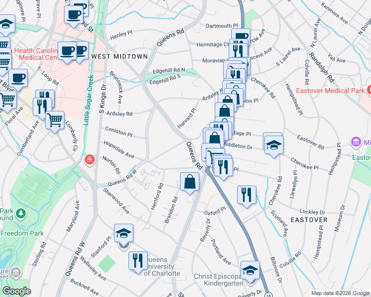 map of restaurants, bars, coffee shops, grocery stores, and more near in Charlotte