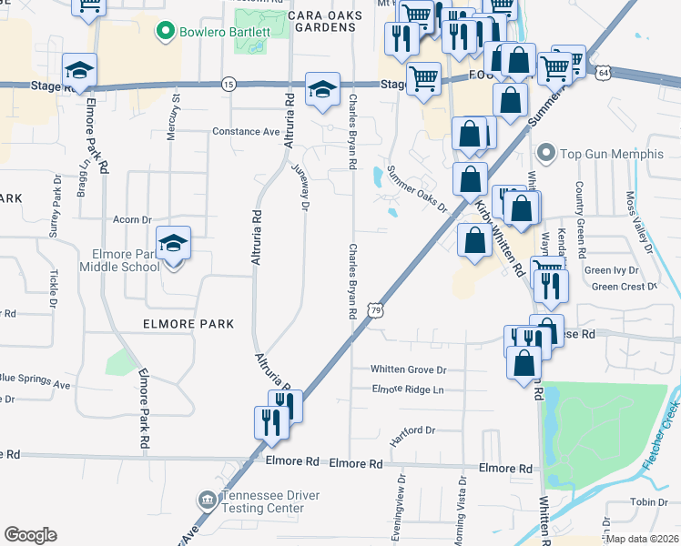 map of restaurants, bars, coffee shops, grocery stores, and more near 2635 Charles Bryan Road in Memphis