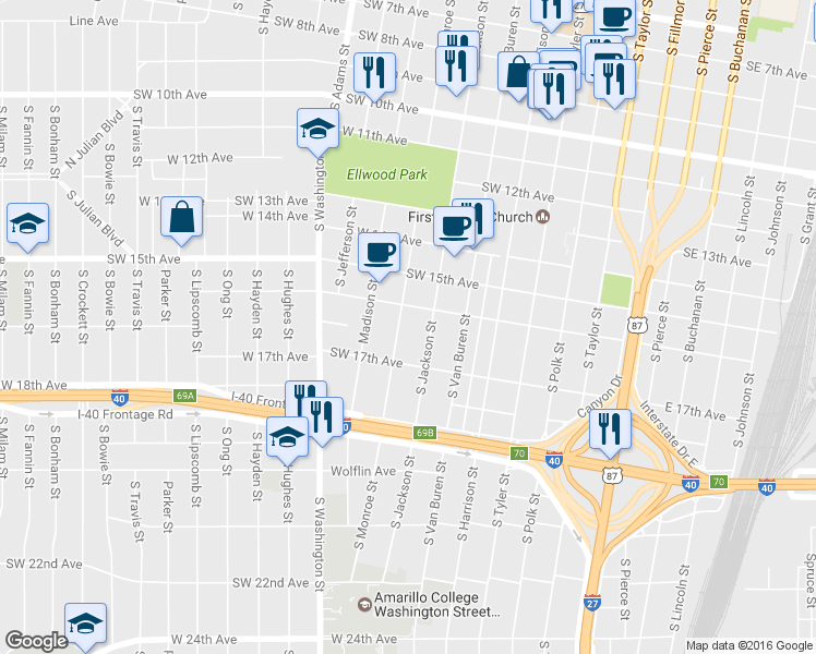map of restaurants, bars, coffee shops, grocery stores, and more near 1607 South Monroe Street in Amarillo
