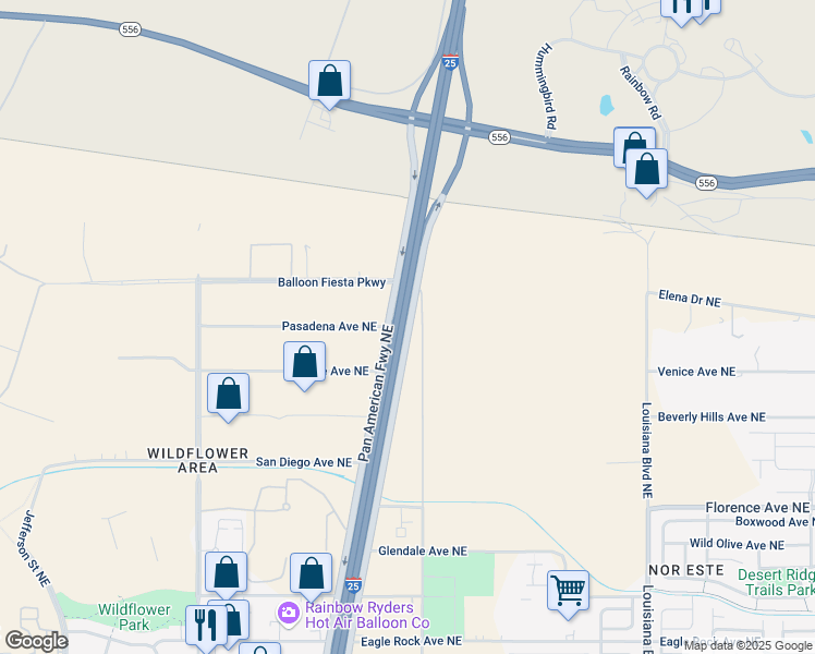 map of restaurants, bars, coffee shops, grocery stores, and more near Pasadena Avenue in Albuquerque