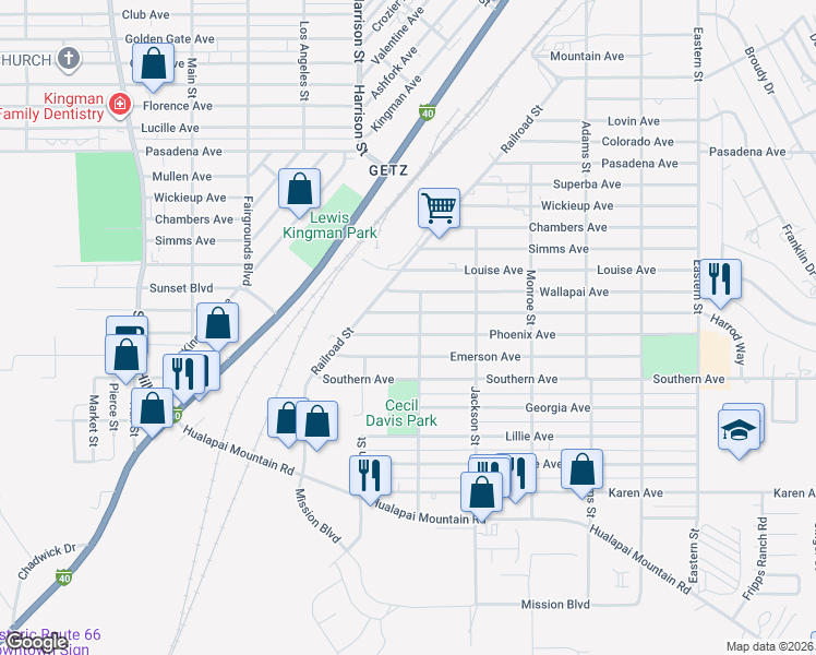 map of restaurants, bars, coffee shops, grocery stores, and more near 2341 Phoenix Avenue in Kingman