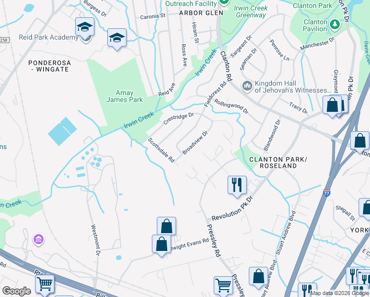 map of restaurants, bars, coffee shops, grocery stores, and more near 4032 Broadview Drive in Charlotte