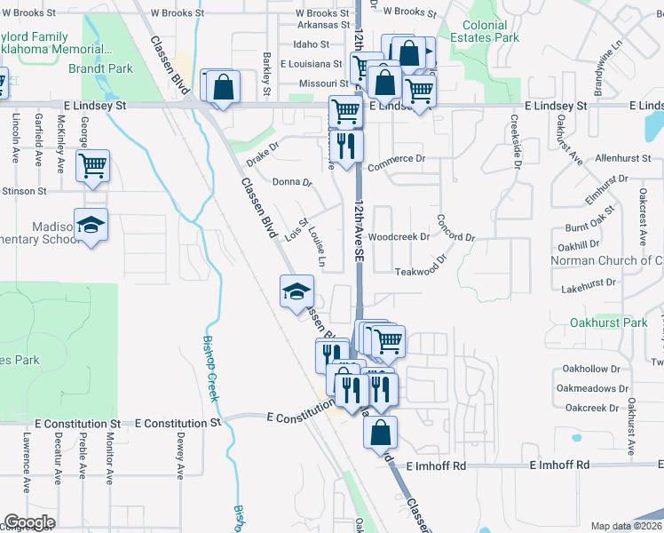 map of restaurants, bars, coffee shops, grocery stores, and more near 1111 Louise Ln in Norman