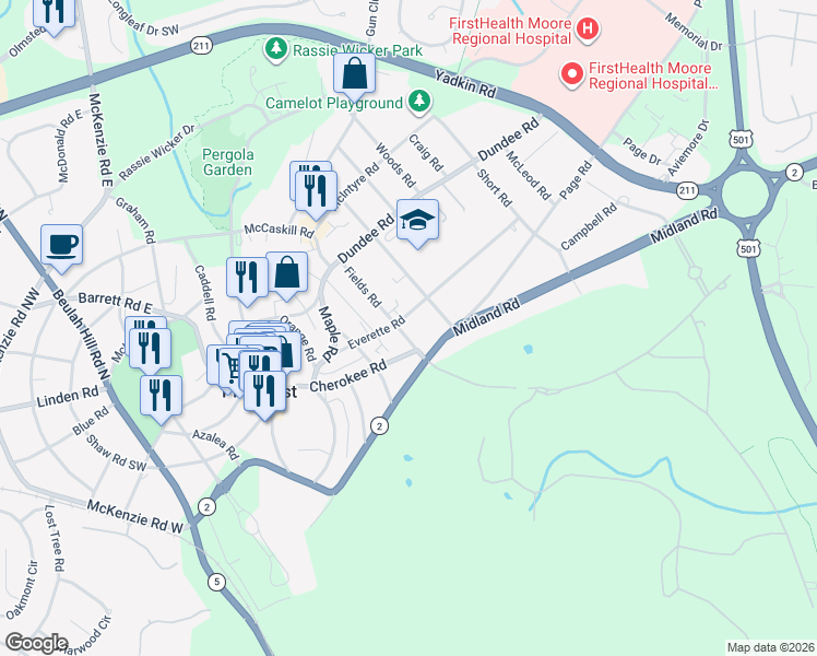 map of restaurants, bars, coffee shops, grocery stores, and more near 20 Fields Road in Pinehurst