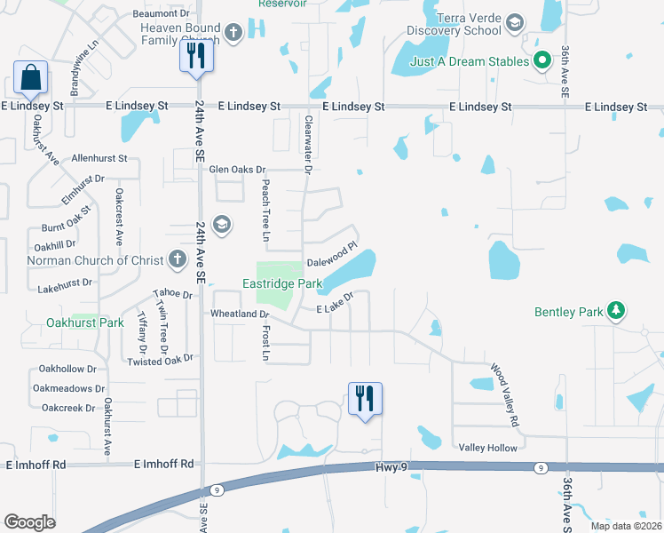 map of restaurants, bars, coffee shops, grocery stores, and more near 2820 Dalewood Place in Norman