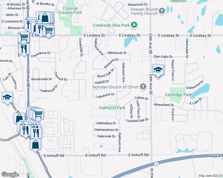 map of restaurants, bars, coffee shops, grocery stores, and more near 1922 Ridgewood Drive in Norman