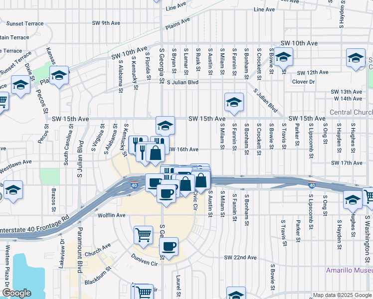 map of restaurants, bars, coffee shops, grocery stores, and more near 2400 Southwest 16th Avenue in Amarillo
