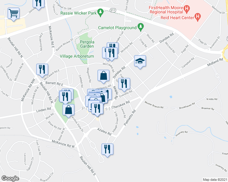 map of restaurants, bars, coffee shops, grocery stores, and more near 35 Maple Road in Pinehurst