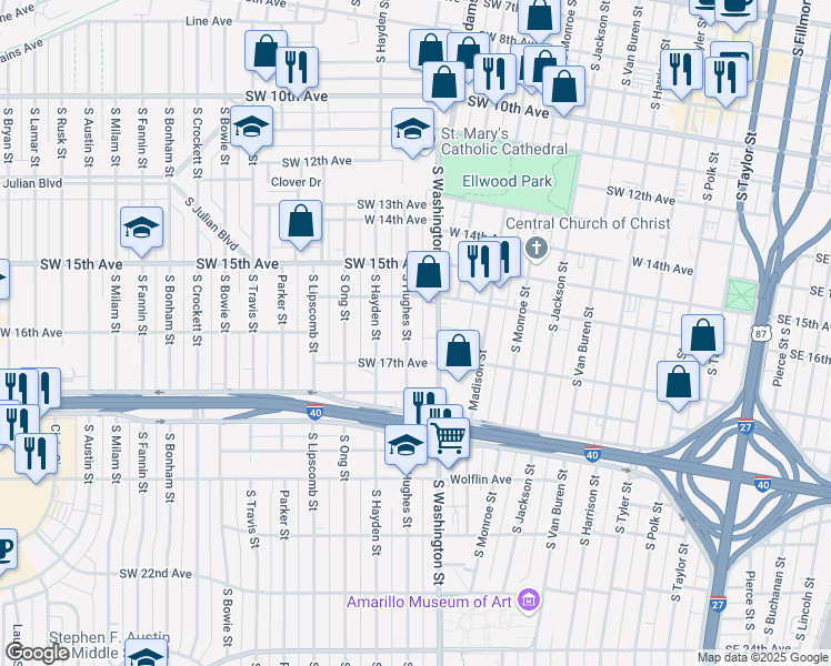map of restaurants, bars, coffee shops, grocery stores, and more near 1612 South Hughes Street in Amarillo