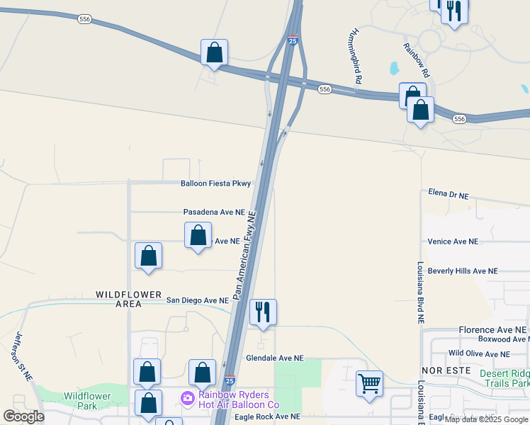 map of restaurants, bars, coffee shops, grocery stores, and more near Pan American Frontage Rd N in Albuquerque