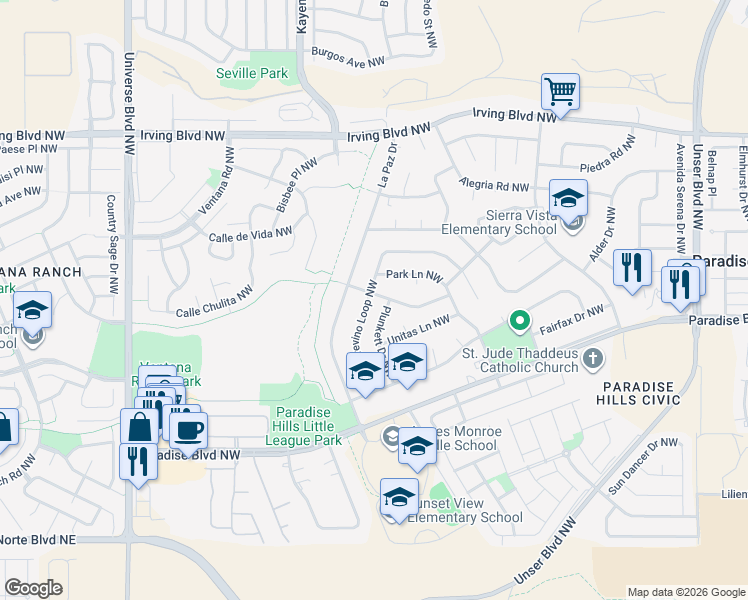 map of restaurants, bars, coffee shops, grocery stores, and more near 10117 Trevino Loop Northwest in Albuquerque