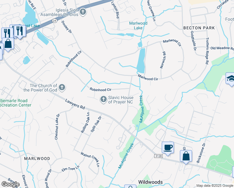 map of restaurants, bars, coffee shops, grocery stores, and more near 1240 Robinhood Circle in Charlotte