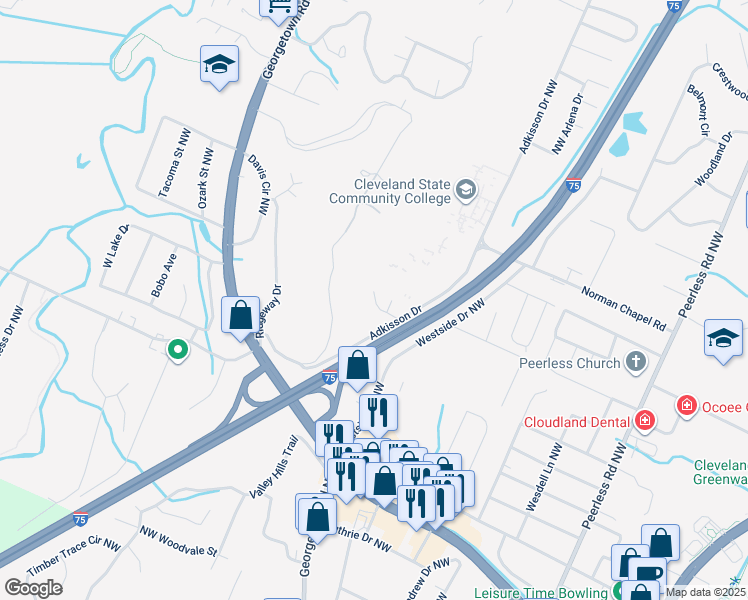 map of restaurants, bars, coffee shops, grocery stores, and more near 3001 Adkisson Drive in Cleveland
