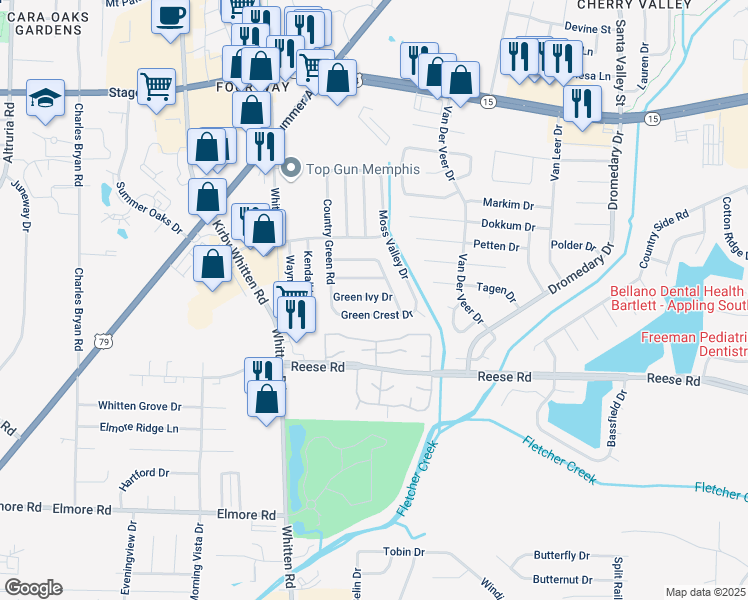 map of restaurants, bars, coffee shops, grocery stores, and more near 6935 Green Ivy Drive in Memphis