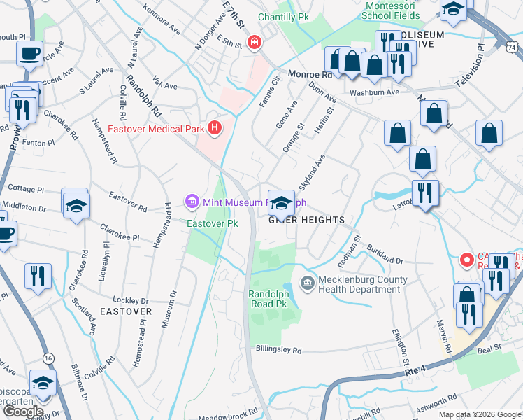 map of restaurants, bars, coffee shops, grocery stores, and more near 117 Skyland Avenue in Charlotte