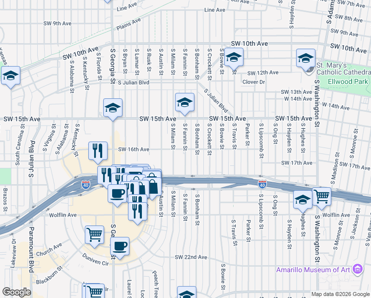 map of restaurants, bars, coffee shops, grocery stores, and more near 2001 Southwest 16th Avenue in Amarillo