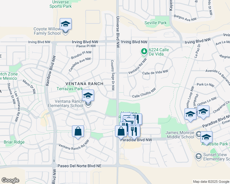 map of restaurants, bars, coffee shops, grocery stores, and more near 10220 Country Sage Drive Northwest in Albuquerque