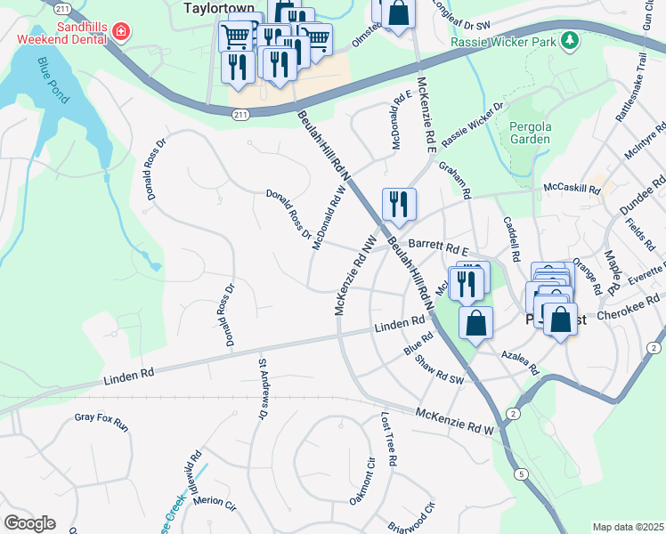 map of restaurants, bars, coffee shops, grocery stores, and more near 91 McKenzie Road West in Pinehurst