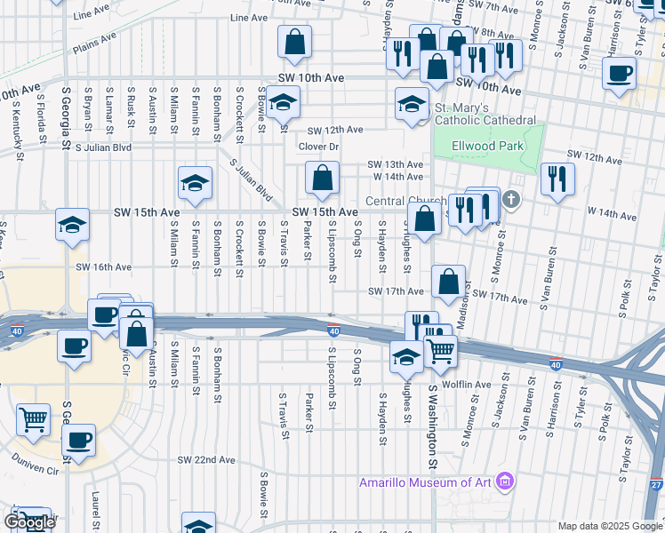 map of restaurants, bars, coffee shops, grocery stores, and more near 1401 Southwest 16th Avenue in Amarillo