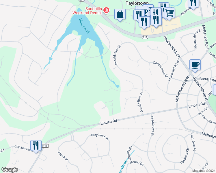 map of restaurants, bars, coffee shops, grocery stores, and more near 15 Melrose Drive in Pinehurst