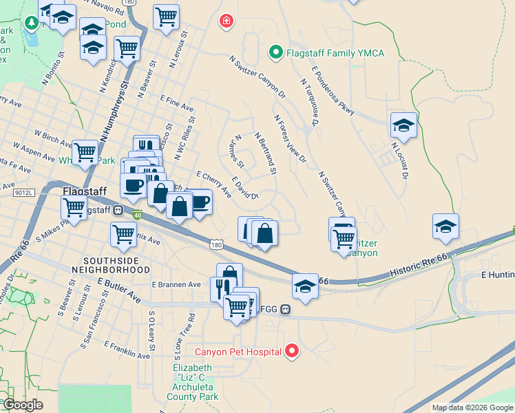map of restaurants, bars, coffee shops, grocery stores, and more near 700 E Cherry Ave in Flagstaff