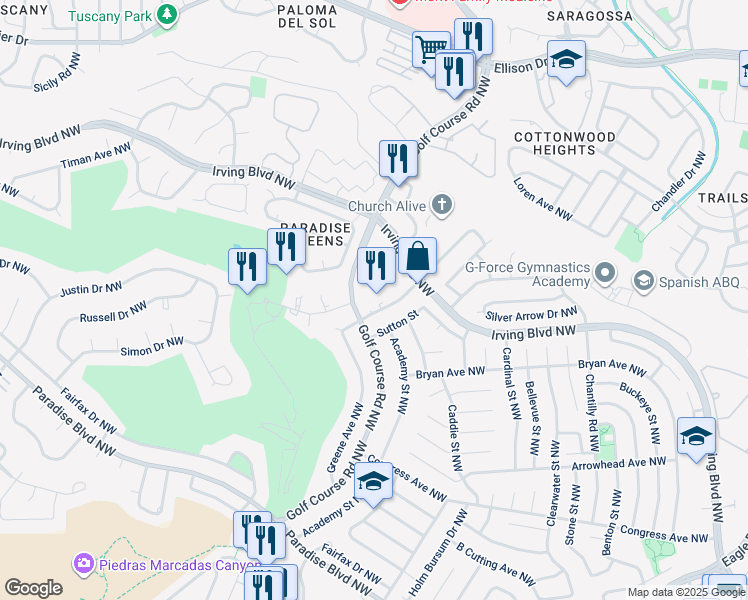 map of restaurants, bars, coffee shops, grocery stores, and more near 4627 Greene Avenue Northwest in Albuquerque