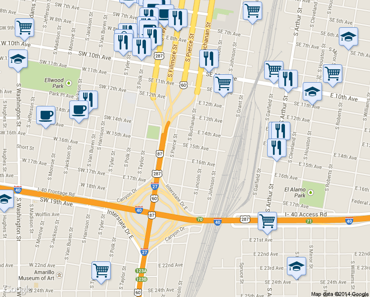 map of restaurants, bars, coffee shops, grocery stores, and more near 1500 South Buchanan Street in Amarillo