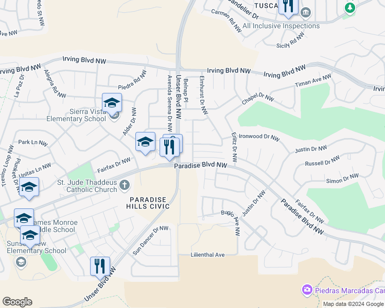 map of restaurants, bars, coffee shops, grocery stores, and more near 10133 Madeline Drive Northwest in Albuquerque