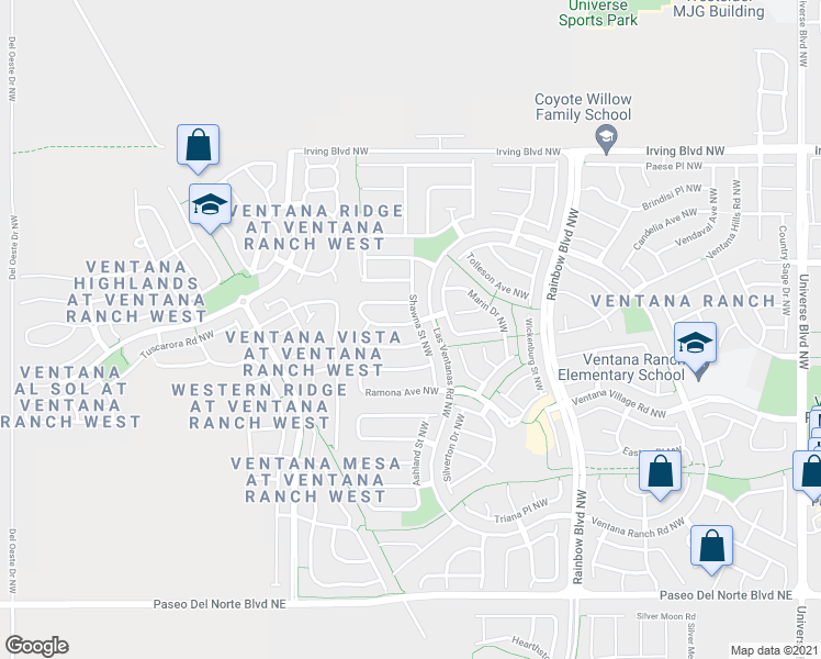 map of restaurants, bars, coffee shops, grocery stores, and more near 7504 Prairie Falcon Avenue Northwest in Albuquerque